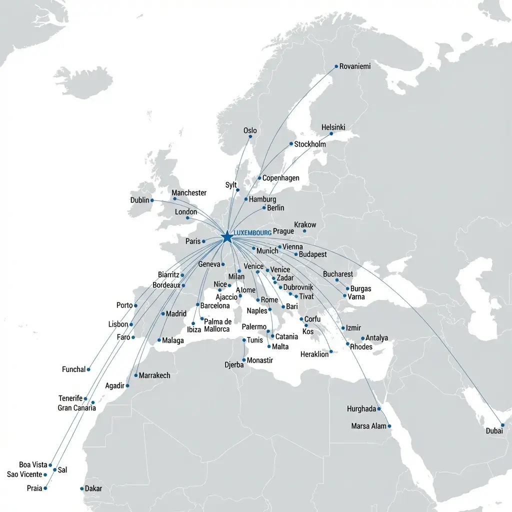 Map showing flight connections from Luxembourg to major European cities